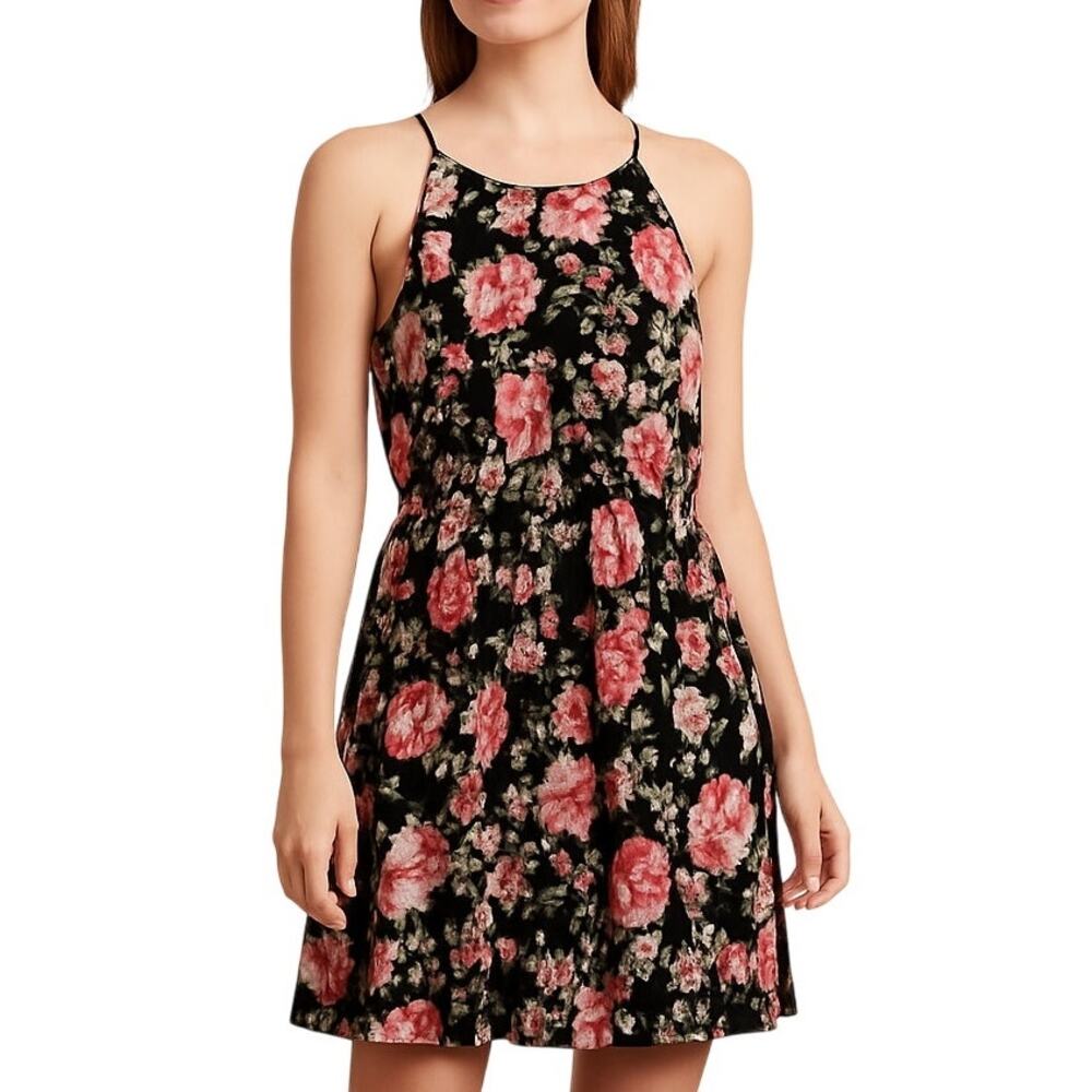 Francesca's Blue Rain Black and Pink Floral Mini Dress High Neck A-Line Medium